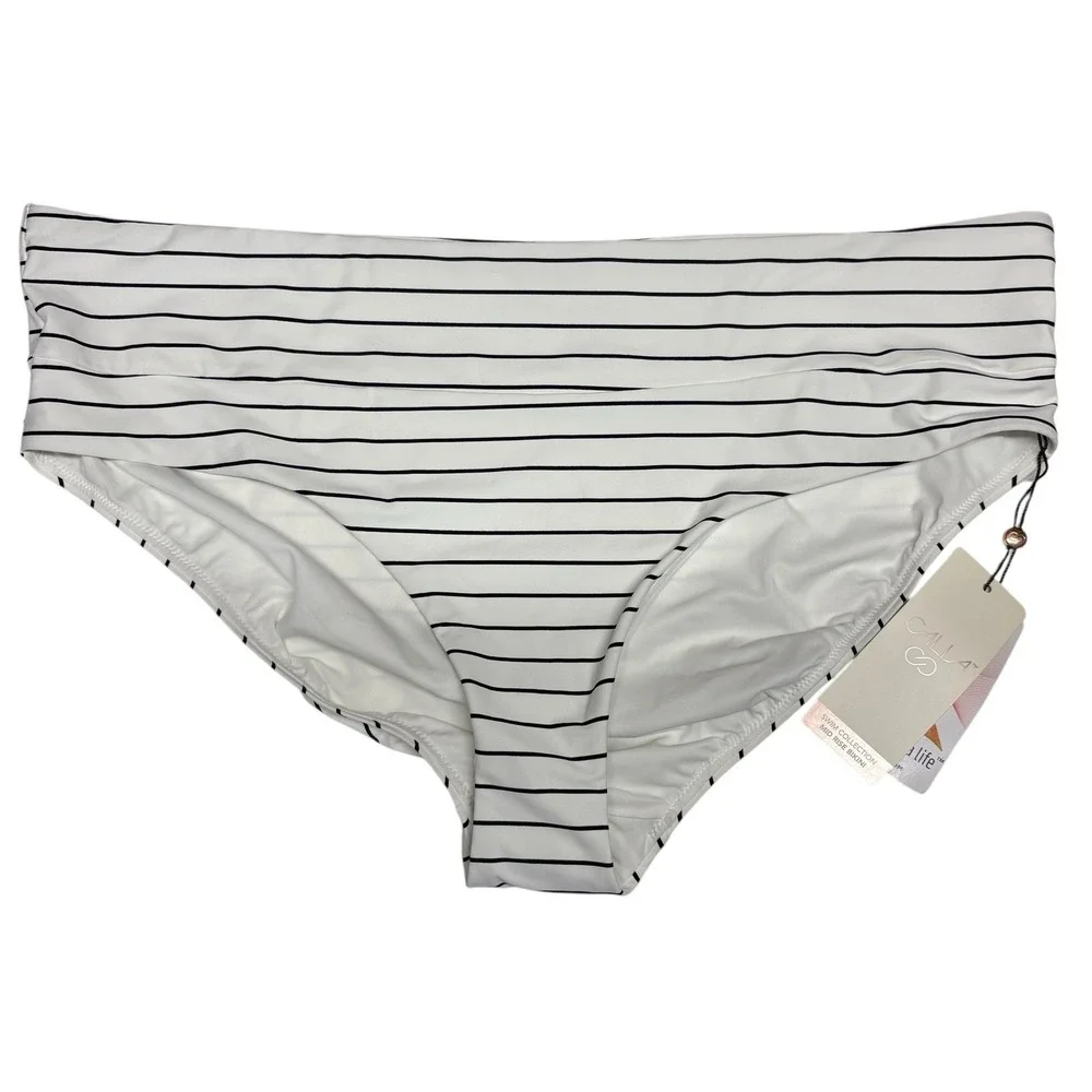 Calia Womens Swimsuit Bottoms XL White Striped Wide Band Mid Rise